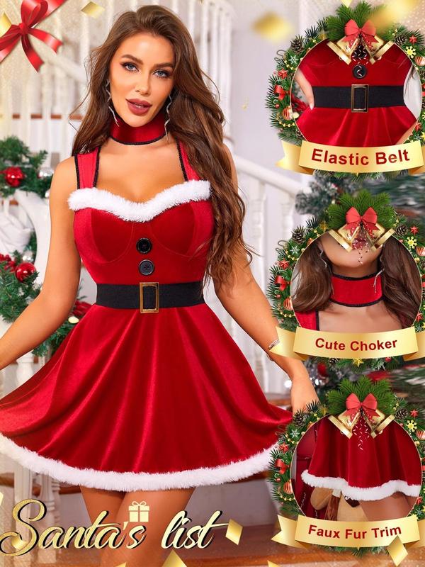 RSLOVE Women Christmas Lingerie Set 3 Piece Sexy Santa Babydoll Red Chemise Claus Costumes with Choker Belt